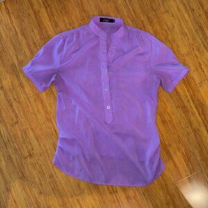 Bright Purple Mandarin Band Collar Split Neck Ruched Short Sleeve Shirt Buttons